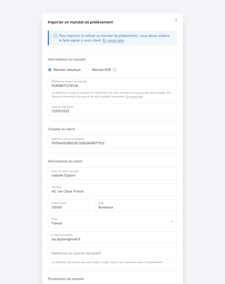 Interface d’importation des mandats de prélèvement SEPA.